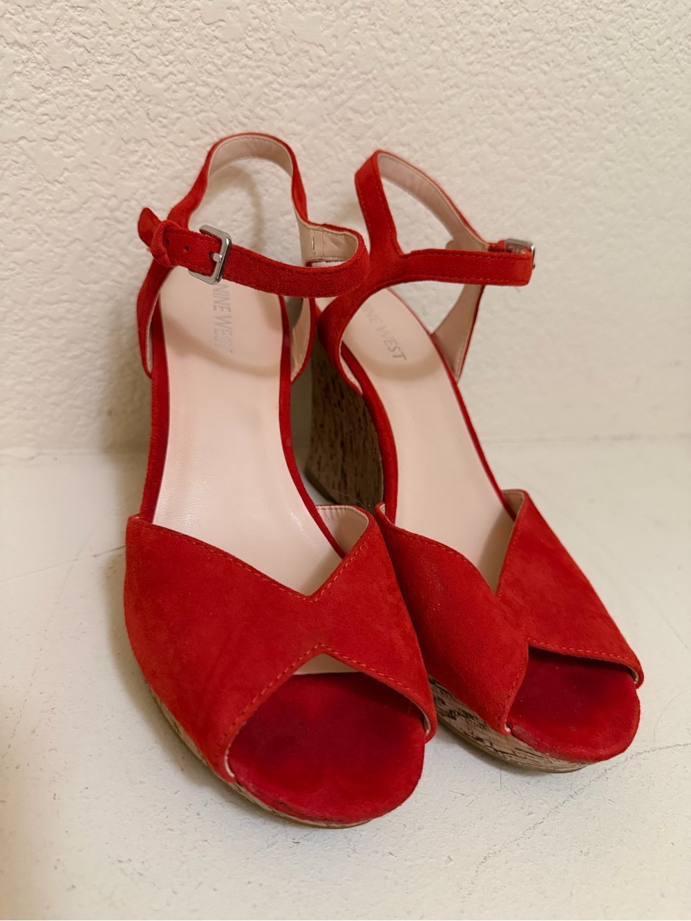 Nine West Red Suede Open-Toe Ankle-Strap Wedges